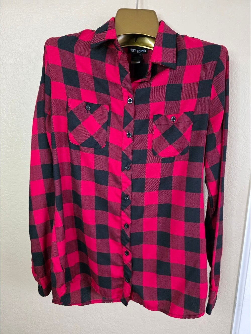 Hot Topic Plaid Woven Button Up Shirt Red & Black Grunge Emo Punk Size Medium